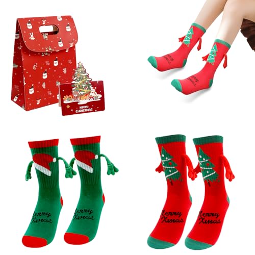 2 Paar Magnetische Hand in Hand Socken Weihnachten,Lustige Socken Damen mit Magneten Händen 35-38 39-42, Weihnachtssocken mit Magnetarmen, Witzige Kuschelsocken Kinder Frau Partner Magnetsocken Rot1 von PRZRAO