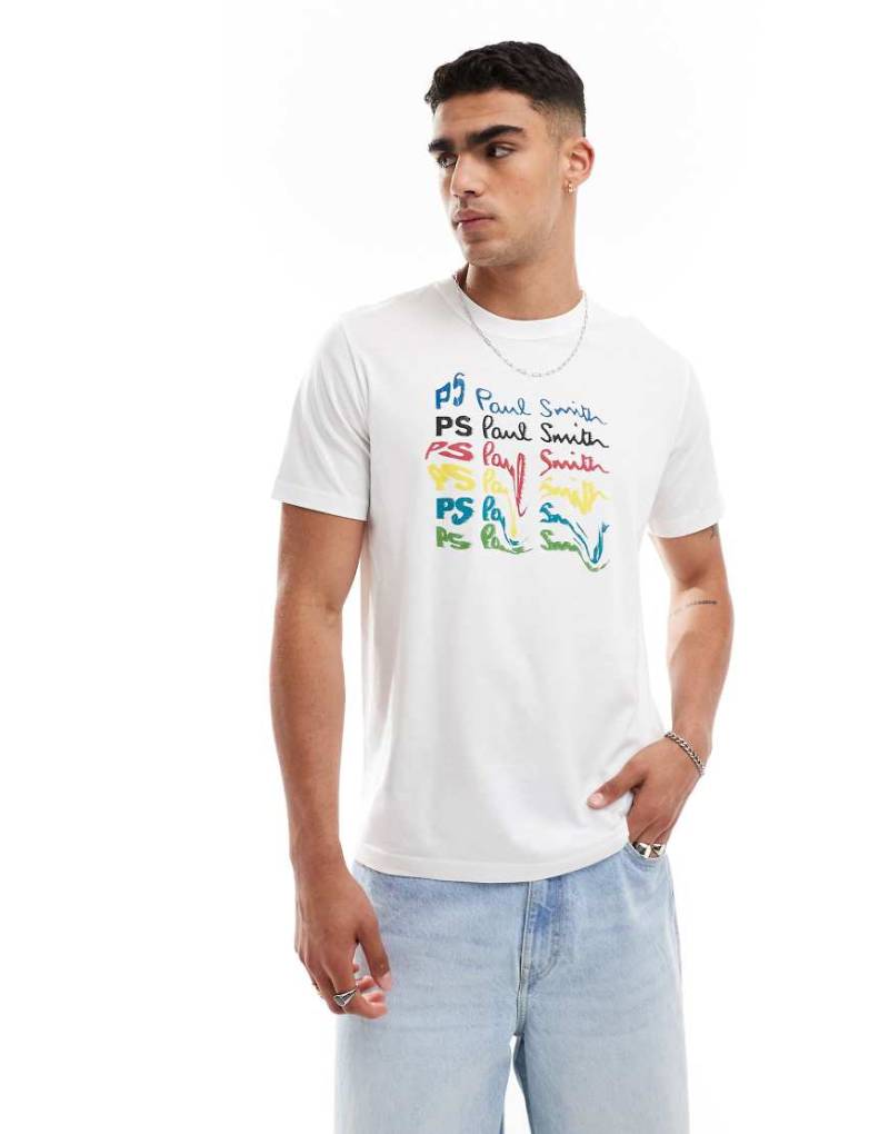 PS Paul Smith - T-Shirt in Weiß mit Logoprint in Regenbogenfarben von PS Paul Smith