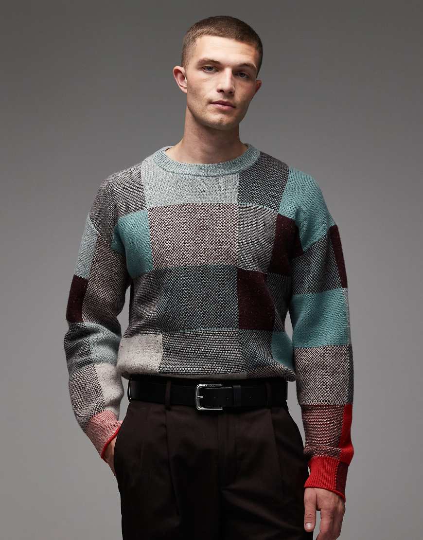 Paul Smith - Strickpullover mit blauem Patchworkmuster und Rundhalsausschnitt von PS Paul Smith