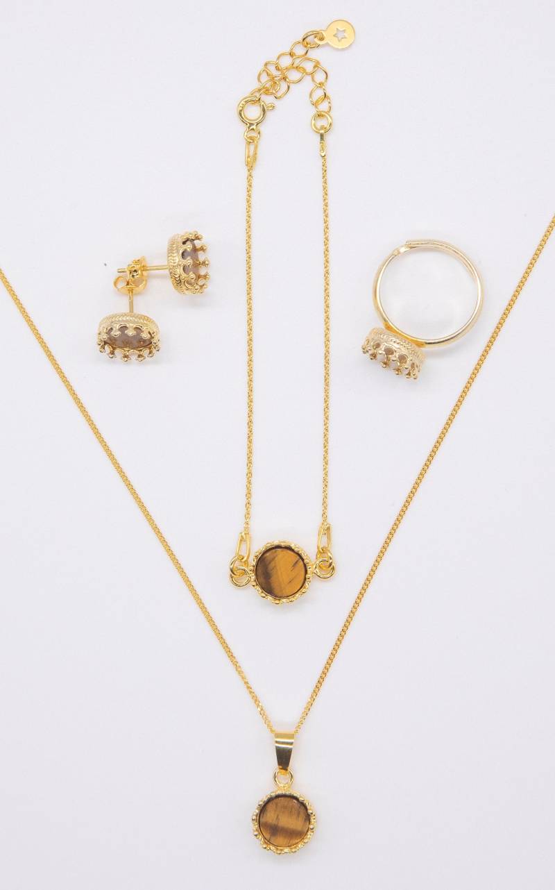 Echter Edelstein - Tigerauge Stilvoll Und Modern Eingefasst in 925 Silber Mit 24 Karat Gold von PSDESIGNcollection