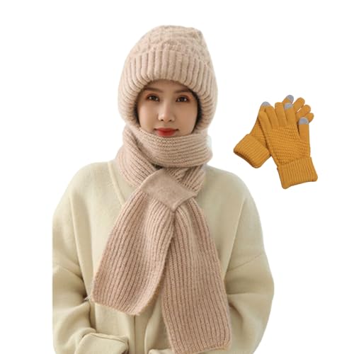 Integrated Ear Protection Windproof Cap Scarf, 2 in 1 Mask Scarf Knitted Hat, Knitting Thickening Hat Winter hat Scarf (Off White,ONE SIZE) von PSFS