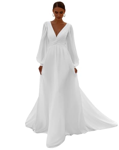 PSFVHHQI Hochzeitskleid Brautkleider Langarm V-Ausschnitt Standesamt Brautmode Brautkleider, White 01, 46 von PSFVHHQI