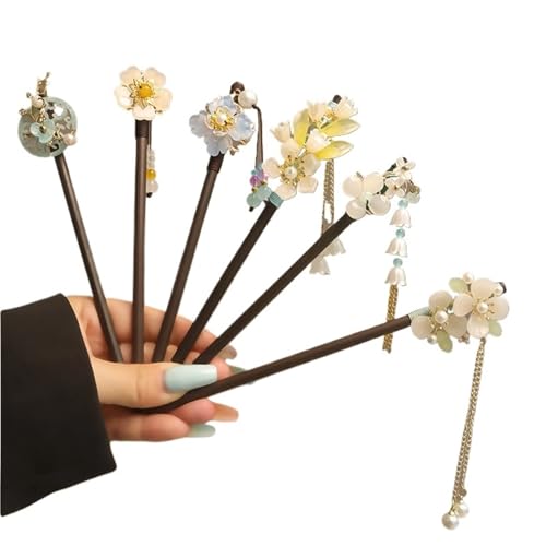 Blume Quaste Perle Haar Sticks Holz Gabel Haarnadel handgemachte Floral Stick Frauen Zubehör(6 pcs x each color) von PSNKLMM