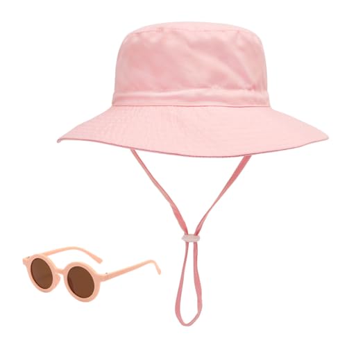 PSOWQ 1 Stück Baby Sonnenhut und Sonnenbrille,UV-Schutz UPF 50+ und Sonnenschutz Sommer Bucket Hat,Breite Krempe Fischerhut Kinder mit Verstellbarem Kinnriemen,Strandhut für Mädchen,Junge - Rosa von PSOWQ