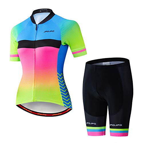 Damen-Fahrradtrikot-Set, kurzärmelig + 5D-gepolsterte Fahrradhose, schnelltrocknend, reflektierend, 3 Taschen, S-3XL, Jp2018, 36 von PSPORT