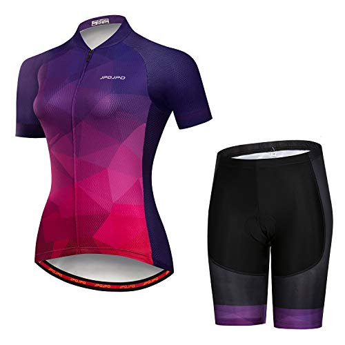 Damen-Fahrradtrikot-Set, kurzärmelig + 5D-gepolsterte Fahrradhose, schnelltrocknend, reflektierend, 3 Taschen, S-3XL, Jp2005, S von PSPORT