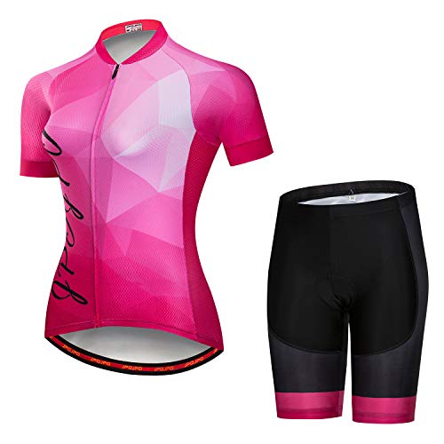 Damen-Fahrradtrikot-Set, kurzärmelig + 5D-gepolsterte Fahrradhose, schnelltrocknend, reflektierend, 3 Taschen, S-3XL, Jp2006, XL von PSPORT