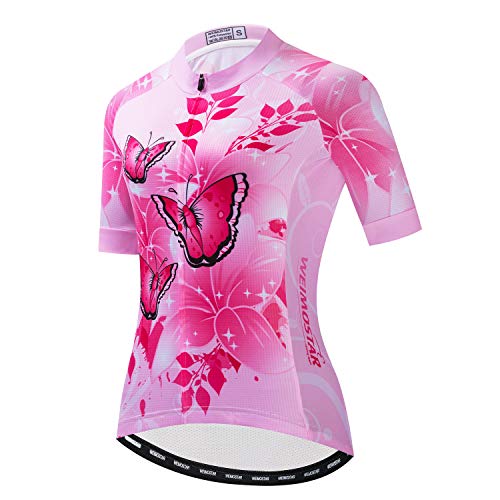 Damen Radtrikot MTB Kurzarm Bike Tops Fahrrad Bekleidung Shirt mit 3 Taschen Atmungsaktiv Reflektierend, Cf2306, Small von PSPORT