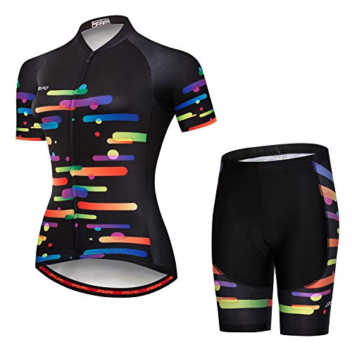 Damen Radtrikot Set Kurzarm+5D Gepolsterte Fahrradhose Schnell Trocken Reflektierend 3 Taschen S-3XL, Jp2010, 38 von PSPORT