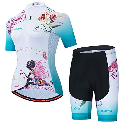 Damen Radtrikot Set Kurzarm+5D Gepolsterte Fahrradhose Schnell Trocken Reflektierend 3 Taschen S-3XL, Jp2022, 38 von PSPORT