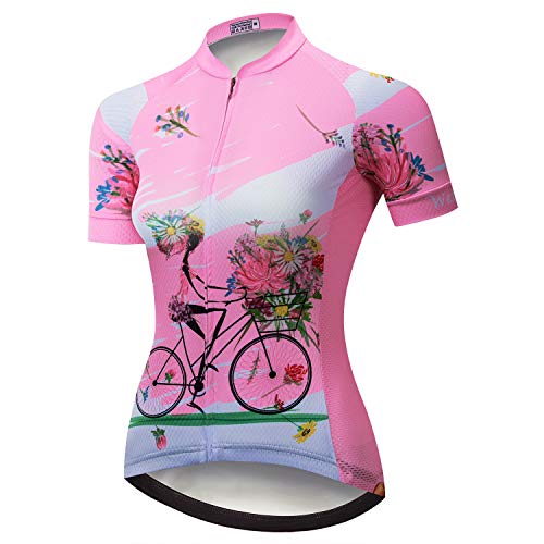 Radtrikot Damen MTB Kurzarm Bike Shirts Full Zip Fahrrad Tops Kleidung mit 3 Taschen Gr. Large, Cd5814 von PSPORT