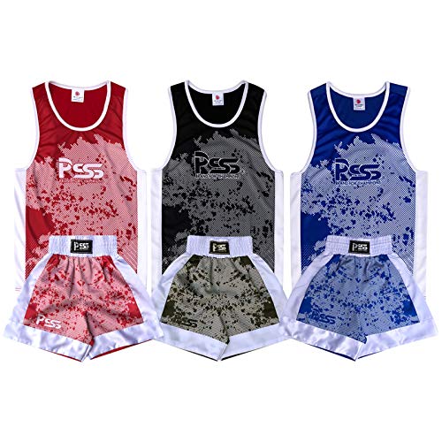 PSS Boxen Kurze Hose Shorts + Tanktop Boxing Set Kinder 3 bis 14 Jahre Boxsport Boxen Anzug Kick Boxing Kickboxen Muay Thai Design Sublimation, Blau Größe 5-6 Jahre von PSS