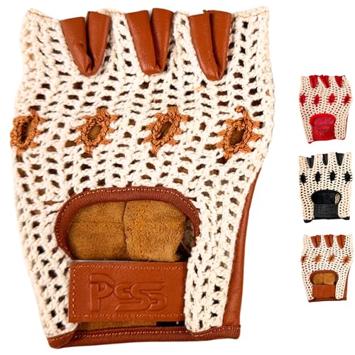 PSS Fingerloser Handschuh Leder Häkeln Netz Masche Mensch Mann Muskeltraining Bodybuilding Fitness Fahren Fahrrad Radsport Lederhandschuhe ohne Futter Gepolstert, Ref 417, Kamel Größe M von PSS