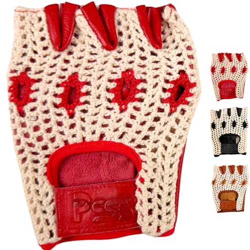 PSS Fingerloser Handschuh Leder Häkeln Netz Masche Mensch Mann Muskeltraining Bodybuilding Fitness Fahren Fahrrad Radsport Lederhandschuhe ohne Futter Gepolstert, Ref 417, Rot Größe S von PSS