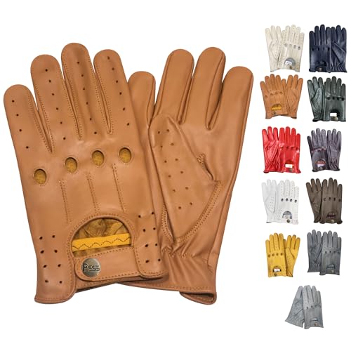 PSS Lederhandschuhe Autofahren Herren Männer Fahrer Lenkrad Chauffeur Handschuhe echtes Leder Autohandschuhe mit Loch Atmungsaktive ohne Futter Sommer Winter, Ref 507, Kamel Größe M von PSS