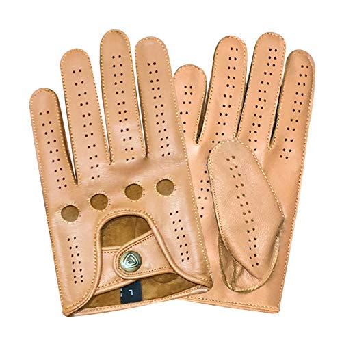PSS Oldtimer Vintage Mode Lederhandschuhe Autofahren Herren Männer Fahrrad Radsport Handschuhe Fahrer Lenkrad Leder Autohandschuhe mit Loch Atmungsaktive ohne Futter, Ref 521, Braun Kamel Größe M von PSS
