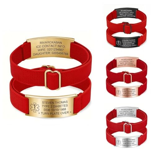 PSUNEY Personalisierbares medizinisches Armband für Männer und Frauen, Notfallarmband Medizinisch Personalisiert Uhrenarmband, Verstellbare ID Armband mit Gravur Diabetes Epilepsie Allergie Armbänder von PSUNEY