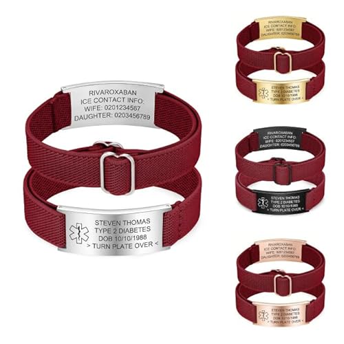 PSUNEY Personalisierbares medizinisches Armband für Männer und Frauen, Notfallarmband Medizinisch Personalisiert Uhrenarmband, Verstellbare ID Armband mit Gravur Diabetes Epilepsie Allergie Armbänder von PSUNEY