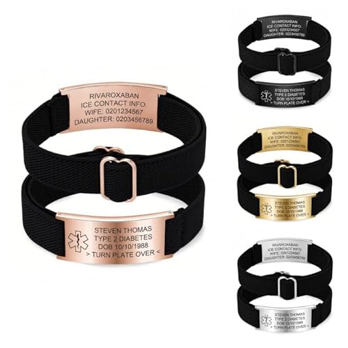 PSUNEY Personalisierbares medizinisches Armband für Männer und Frauen, Notfallarmband Medizinisch Personalisiert Uhrenarmband, Verstellbare ID Armband mit Gravur Diabetes Epilepsie Allergie Armbänder von PSUNEY