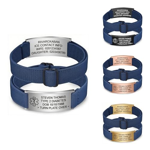 PSUNEY Personalisierbares medizinisches Armband für Männer und Frauen, Notfallarmband Medizinisch Personalisiert Uhrenarmband, Verstellbare ID Armband mit Gravur Diabetes Epilepsie Allergie Armbänder von PSUNEY