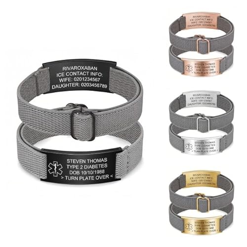 PSUNEY Personalisierbares medizinisches Armband für Männer und Frauen, Notfallarmband Medizinisch Personalisiert Uhrenarmband, Verstellbare ID Armband mit Gravur Diabetes Epilepsie Allergie Armbänder von PSUNEY