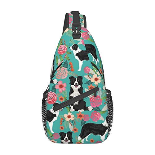 Border Collie Florals Casual Messenger Bag Herren Hüfttasche Brusttasche One Shoulder Sling Rucksack Reisen und Wandern, Schwarz, Einheitsgröße von PSVOD