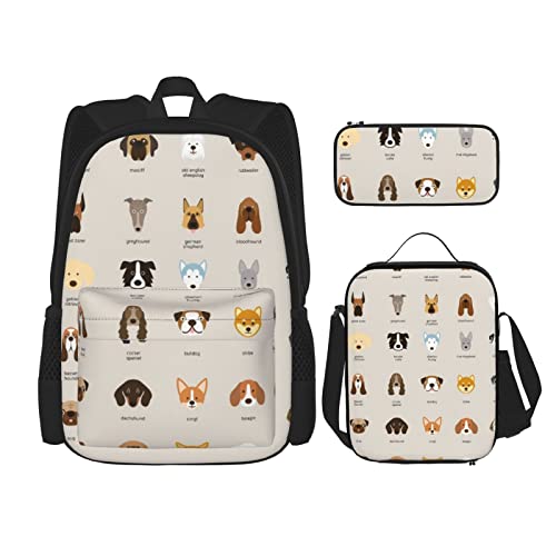 Hunderassen Rucksack Set Dreiteilige Tasche Rucksack Crossbody Lunchtasche Pencil Bag Set Jungen und Mädchen Schulranzen Hunderasse Einheitsgröße, Hunderasse, Einheitsgröße von PSVOD