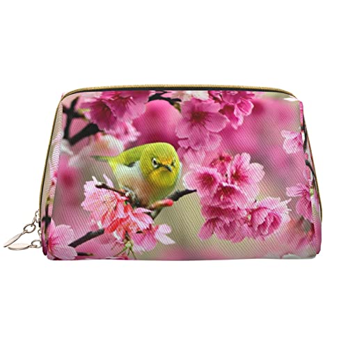 Kosmetiktasche aus Leder mit Vogel im Pfirsichbaum, Reise-Kosmetiktasche, tragbare Kosmetiktasche für Frauen und Mädchen, Weiss/opulenter Garten, Einheitsgröße von PSVOD