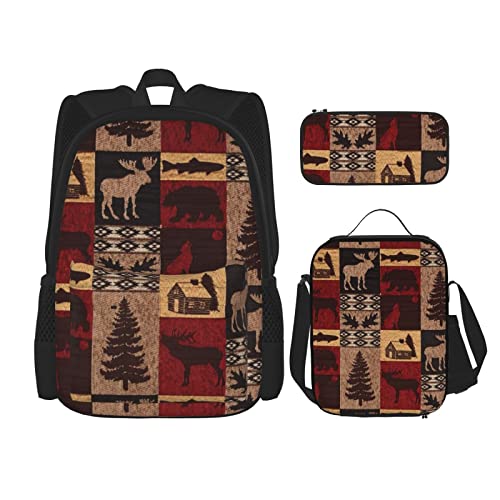 Lodge Bear Hirsch Fisch Rucksack Set Dreiteilige Tasche Rucksack Crossbody Lunchtasche Bleistift Bag Set Jungen und Mädchen Schultaschen, Schwarz, Einheitsgröße, Rucksack, Umhängetasche, Reisen von PSVOD