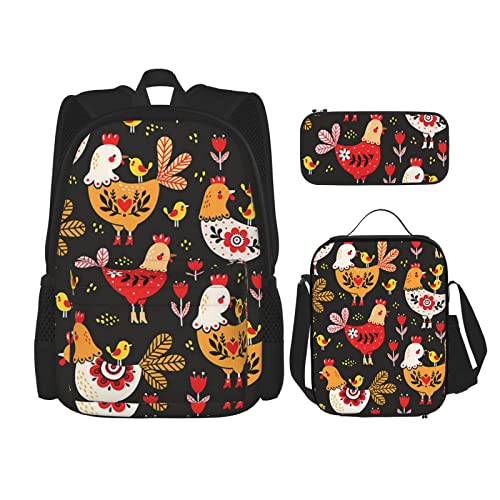 Niedliche Hahn Hühner Rucksack Set Dreiteilige Tasche Rucksack Crossbody Lunchtasche Bleistift Tasche Set Jungen und Mädchen Schultaschen, Schwarz, Einheitsgröße, Rucksack, Umhängetasche, Reisen von PSVOD