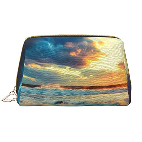 PSVOD Sunset Beach Leder Make-up Tasche, Reise Make-up Tasche Tragbare Make-up Tasche Damen Mädchen Make-up Tasche, Weiß, Einheitsgröße, Weiß, One Size von PSVOD