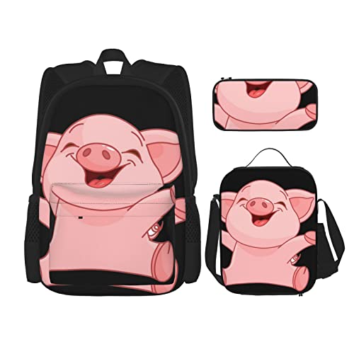 Pink Pig Dreiteiliges Rucksack-Set, Taschenrucksack Cross-Body Lunchtasche Stifttasche Set Jungen und Mädchen Schultasche, Schwarz, Einheitsgröße, Schwarz , Einheitsgröße von PSVOD