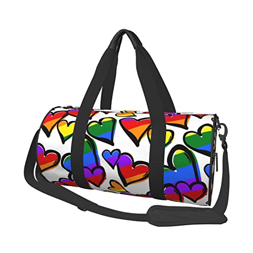 Regenbogenfarbene Gay Pride Herzen Sporttasche mit Schuhfach, wasserdichte Reisetasche für Männer und Frauen, mit verstellbarem Riemen, Schwarz, One Size von PSVOD