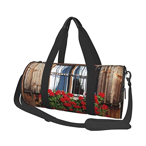 Retro Blumen Fenster Sport Turnbeutel mit Schuhfach Wasserdicht Reisetasche für Männer Frauen Mit verstellbarem Riemen, Schwarz, One Size von PSVOD