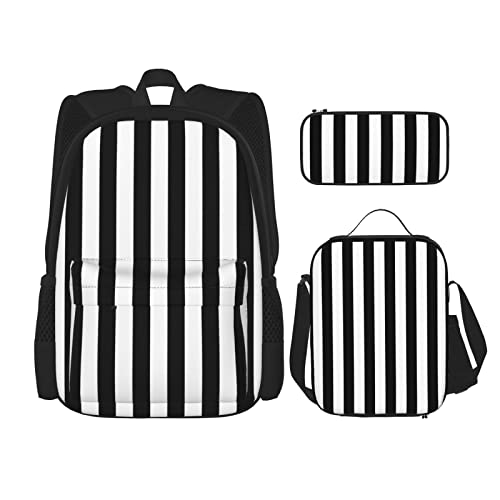 Schwarz & Weiß Streifen Rucksack Set Dreiteilige Tasche Rucksack Crossbody Lunchtasche Bleistift Tasche Set Jungen und Mädchen Schultaschen, Schwarz-weiß gestreift, Einheitsgröße von PSVOD