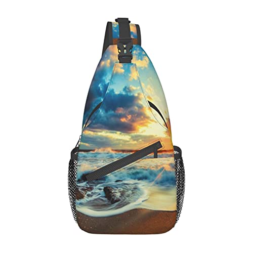 Sunset Beach Casual Messenger Bag Herren Hüfttasche Brusttasche One Shoulder Sling Rucksack Reisen und Wandern, Schwarz, Einheitsgröße von PSVOD