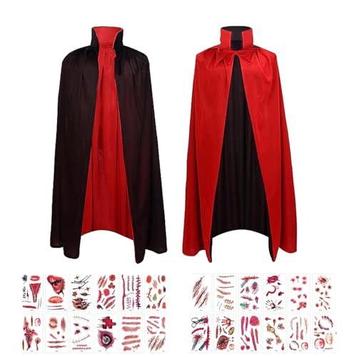 PTBWS Vampir Kostüm Kinder Umhang,Vampir Umhang Stehkragen Schwarz Rot,Reversible Devil Piraten Vampir Dämonen Umhang,mit 30PCS Temporäre Tattoos,Cosplay Für Halloween Kostüm (90) von PTBWS