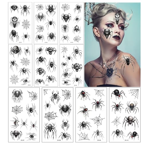 Spinnen Temporäre Tattoos, 10 Sheets Halloween Schminke Tattoo,Temporäre Schwarz Spinnen Tattoos,Spinnennetze Gesicht Tattoos, für Halloween Masquerade Karneval Party Punk Geschenk (B) von PTBWS