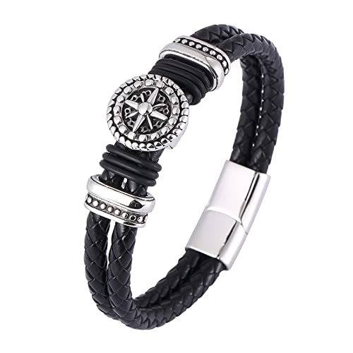 Doppelt geflochtenes Armband für Damen und Herren, schwarzes Leder, Edelstahl, Kompass, Anker, Ruder, Charm-Armband für Damen und Herren, 1336R Doppelt geflochtenes Armband für Damen und Herren, schwarzes Leder, Edelstahl, Kompass, Anker, Ruder, Charm-Armband für Damen und Herren, 1336R von PTEPD