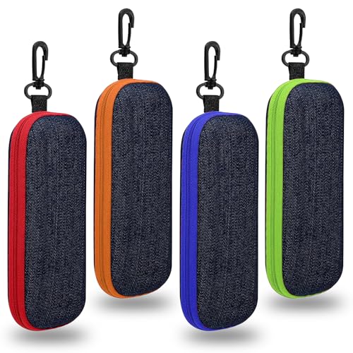 PTHDEW 4 Stück Brillenetuis aus Denim, Brillenetui Hardcase Brillenhülle Tragbare Mode Brillentasche mit Reißverschluss und Haken für Aufbewahrung Sonnenbrille Myopiebrille von PTHDEW