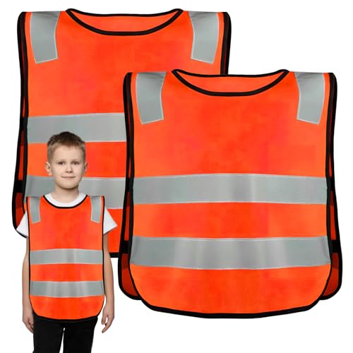 PTJJXA 2 Stück Reflektierende Weste für Kinder, Warnweste für Studierende, Sicherheitsweste mit hoher Sichtbarkeit, Reflektorweste, Atmungsaktive Leuchtweste für 3-12 Jahre (Orange) von PTJJXA