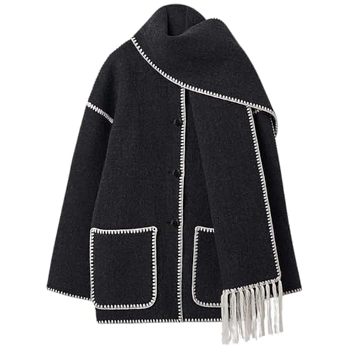 PTKG Damen Wintermantel Mit Schal Einreiher Mäntel Quaste Schal Kragen Einreiher Mäntel Weibliche Lose Langarm Jacke Herbst Winter Jacke Wintercoat Outwear Mantel,Black and white,M von PTKG