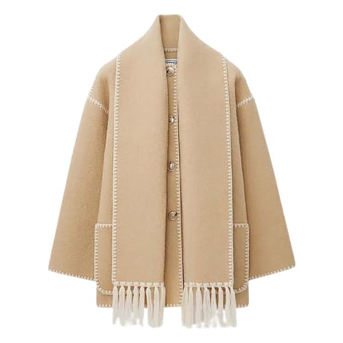 PTKG Damen Wintermantel Mit Schal Einreiher Mäntel Quaste Schal Kragen Einreiher Mäntel Weibliche Lose Langarm Jacke Herbst Winter Jacke Wintercoat Outwear Mantel,Khaki,S von PTKG