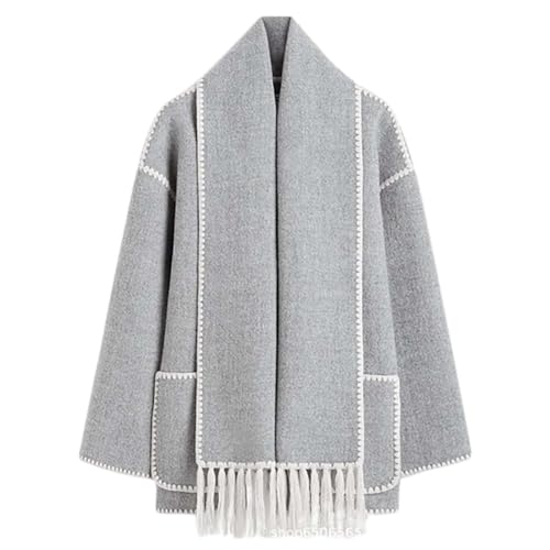 PTKG Damen Wintermantel Mit Schal Einreiher Mäntel Quaste Schal Kragen Einreiher Mäntel Weibliche Lose Langarm Jacke Herbst Winter Jacke Wintercoat Outwear Mantel,Light gray,M von PTKG