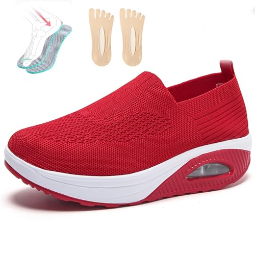 PTKG Orthopädische Schuhe Damen Sommer Sneaker, 2023 Neu Luftpolster Mesh Diabetiker Turnschuhe Mit Luftkissen, Weich Bequeme Slip on Walkingschuhe Sandalen Sportschuhe,Rot,42EU von PTKG