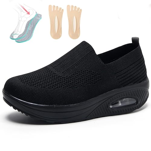 PTKG Orthopädische Schuhe Damen Sommer Sneaker, 2023 Neu Luftpolster Mesh Diabetiker Turnschuhe Mit Luftkissen, Weich Bequeme Slip on Walkingschuhe Sandalen Sportschuhe,Schwarz,37EU von PTKG