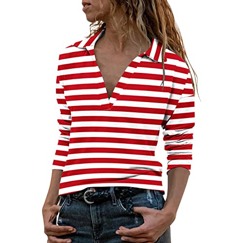 PTLLEND Damen Casual Tie Dye Print Langarm Hemdbluse Revers V-Ausschnitt Lose Top (Rot, XL) von PTLLEND