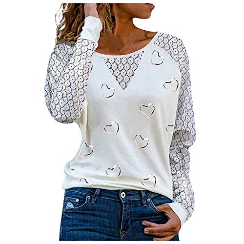 Damen Langarmshirt Elegant Herz Drucken Bluse Shirts Spitze Langarm Rundhals Basic T-Shirt Oberteile Khaki,S Damen T-Shirts Damen Tshirt Kurzarm Jeansbluse Damen Kurzarm von PTLLEND