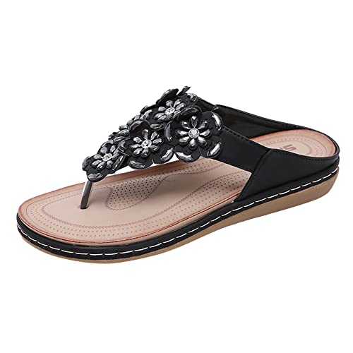 PTLLEND Damen Schuhe Sommer Elegant Flach 2023 Europäische und amerikanische Sandalen Crossborder Bohemian Strass Flower Large Flip Flops Trachten Schuhe Für Damen von PTLLEND