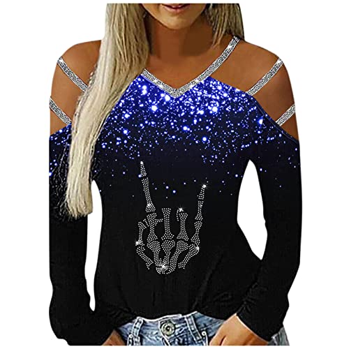 Damen Sommer Tops Lässiges T-Shirt mit Totenkopf-Strass-Motiv V-Ausschnitt Kurzarm Loser Pullover Plus Size Baggy Tunika-Bluse von PTLLEND